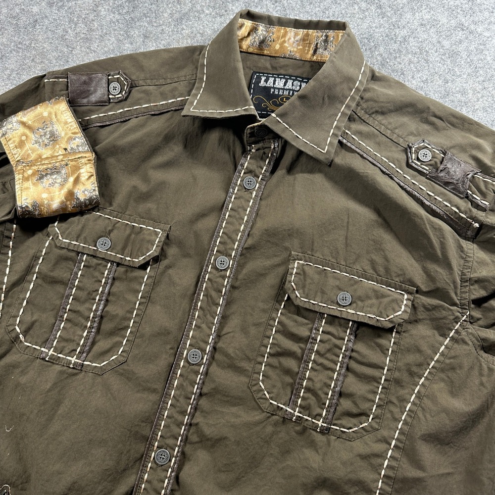 Lamasini Premium Button Down Shirt Mens Large Brown Embroidered Cross Contrast